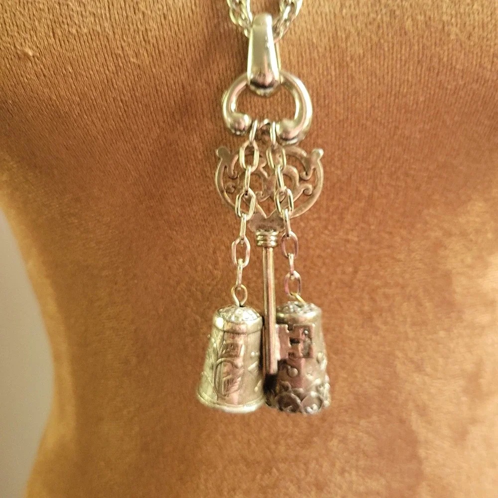 Vintage 1970s Victorian Revival Chatelaine Thimble Key Necklace 24